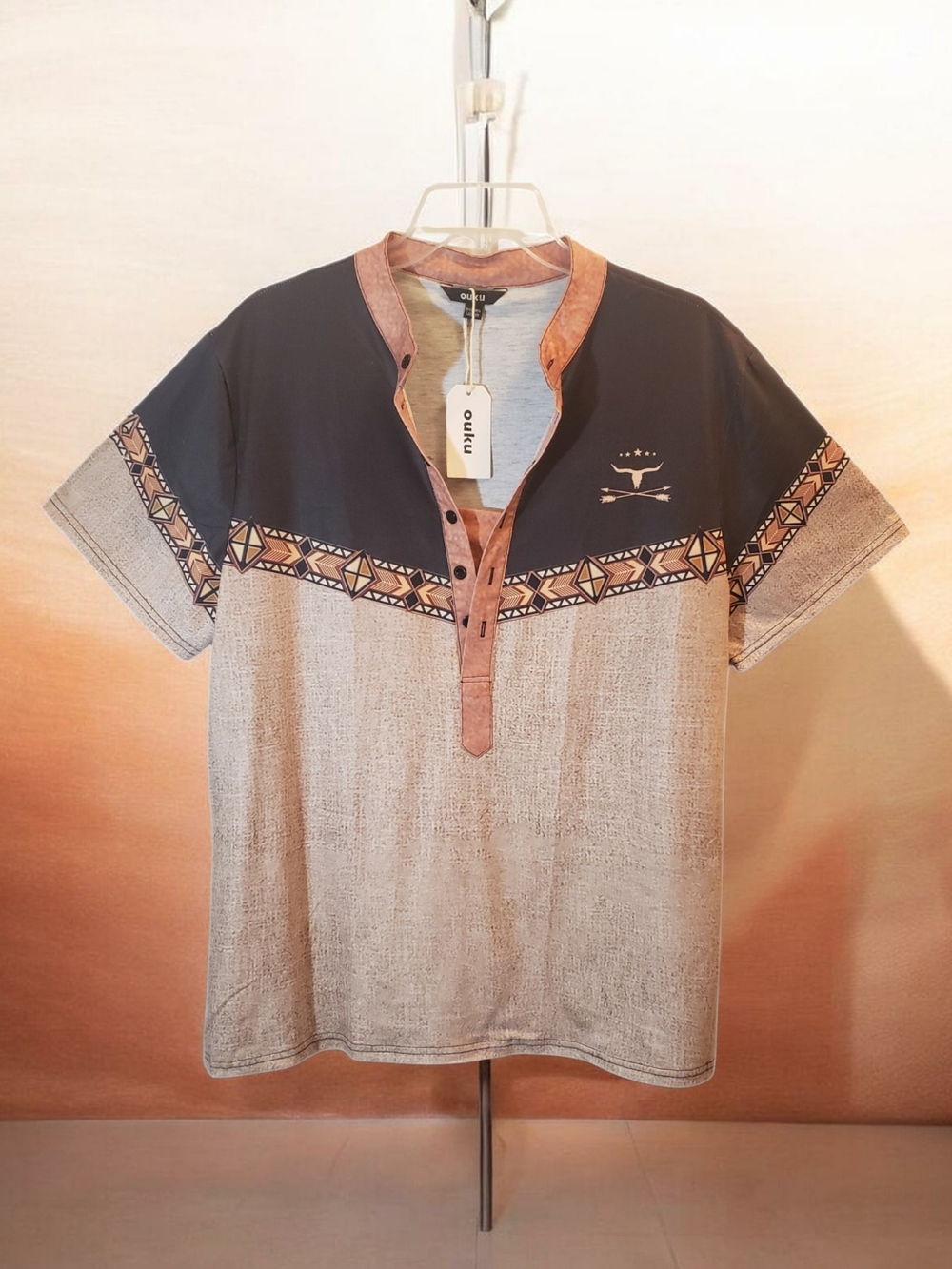 Ouku mens lg casual short-sleeve polo in black and beige. New